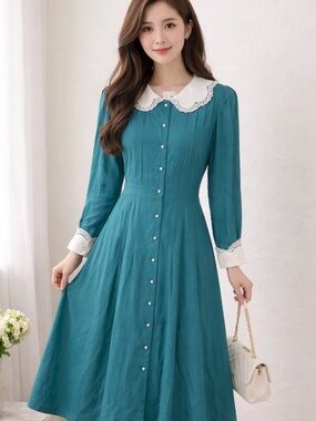 Vtg 80s‎  L.G.STAR Cottagecore Pearl Button Yolk Collar Prairie  Dress 16